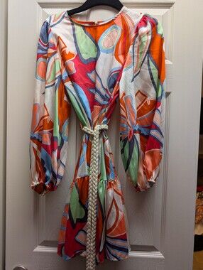 ALEXIE Abstract Print Long-Sleeve Maxi Dress with Rope Tie